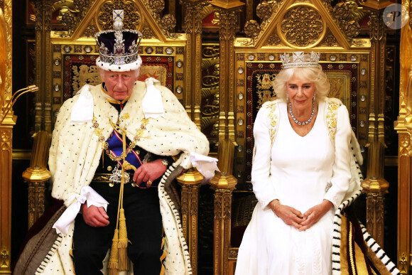 Le roi Charles III d'Angleterre et Camilla Parker Bowles, reine consort d'Angleterre, au Palais de Westminster lors de l'ouverture officielle du Parlement britannique. Londres, le 17 juillet 2024.  