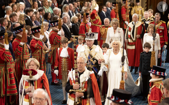 Le roi Charles III d'Angleterre et Camilla Parker Bowles, reine consort d'Angleterre, au Palais de Westminster lors de l'ouverture officielle du Parlement britannique. Londres, le 17 juillet 2024. 