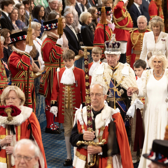 Le roi Charles III d'Angleterre et Camilla Parker Bowles, reine consort d'Angleterre, au Palais de Westminster lors de l'ouverture officielle du Parlement britannique. Londres, le 17 juillet 2024. 