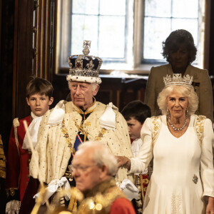 Le roi Charles III d'Angleterre et Camilla Parker Bowles, reine consort d'Angleterre, au Palais de Westminster lors de l'ouverture officielle du Parlement britannique. Londres, le 17 juillet 2024. 