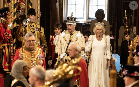 Le roi Charles III d'Angleterre et Camilla Parker Bowles, reine consort d'Angleterre, au Palais de Westminster lors de l'ouverture officielle du Parlement britannique. Londres, le 17 juillet 2024. 