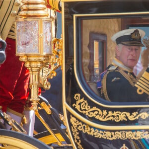 Le roi Charles III d'Angleterre arrive au Palais de Westminster avant l'ouverture officielle du Parlement britannique. Londres, le 17 juillet 2024. 