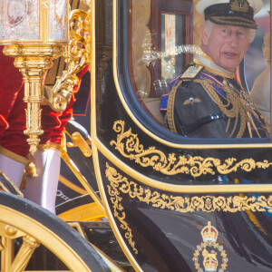 Le roi Charles III d'Angleterre arrive au Palais de Westminster avant l'ouverture officielle du Parlement britannique. Londres, le 17 juillet 2024. 