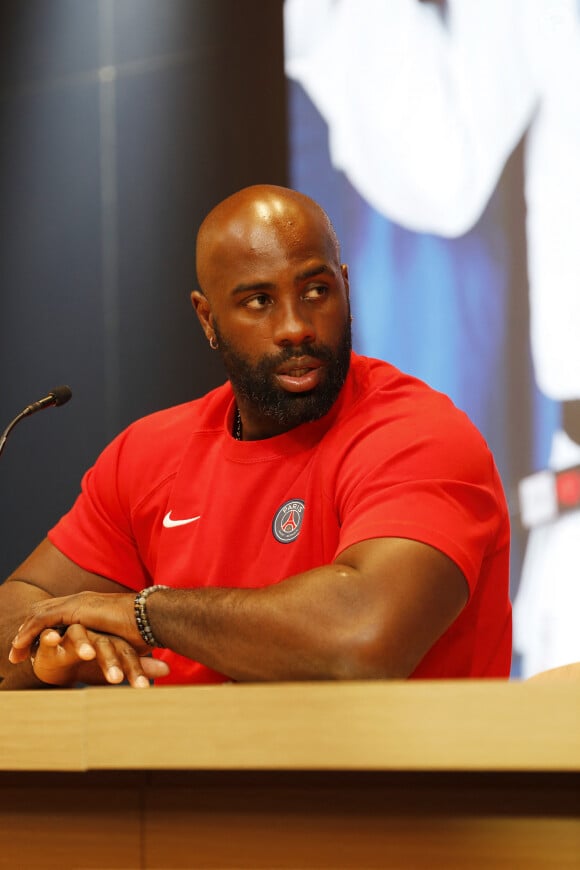 Teddy Riner lors de sa conférence de presse pré-olympique au Campus du Paris Saint-Germain (PSG) à Poissy, France, le 13 juillet 2024. © Marc Ausset-Lacroix/Bestimage