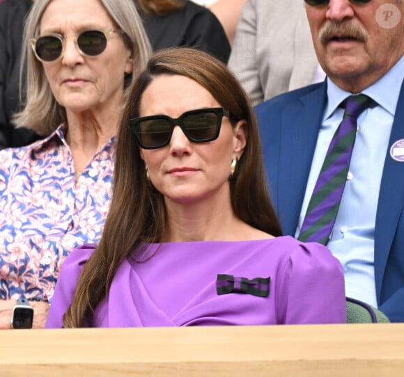 Catherine (Kate) Middleton avec la princesse Charlotte et Pippa Middleton dans les tribunes de la finale du tournoi de Wimbledon 2024, le 14 juillet 2024. 