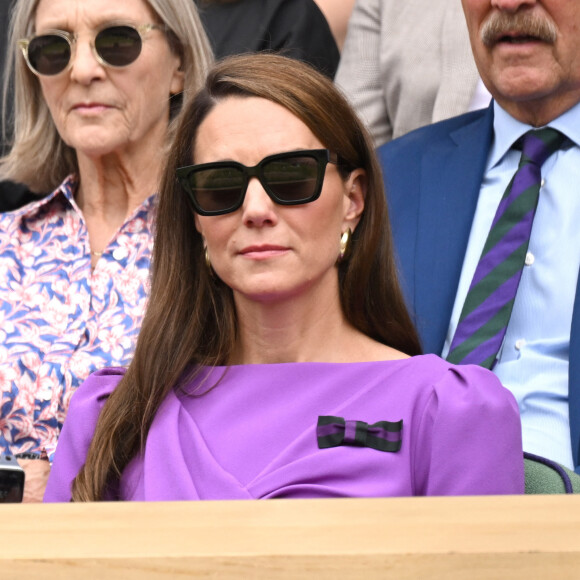 Catherine (Kate) Middleton avec la princesse Charlotte et Pippa Middleton dans les tribunes de la finale du tournoi de Wimbledon 2024, le 14 juillet 2024. 