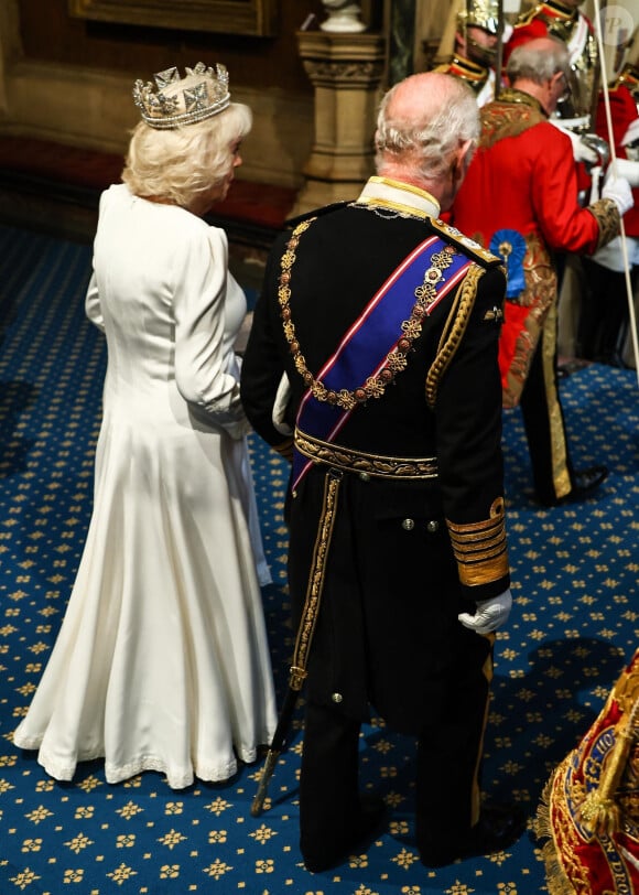 Le roi Charles III d'Angleterre et la reine consort Camilla Parker Bowles lors de l'ouverture officielle du parlement britannique au palais de Westminster à Londres. Le 17 juillet 2024 