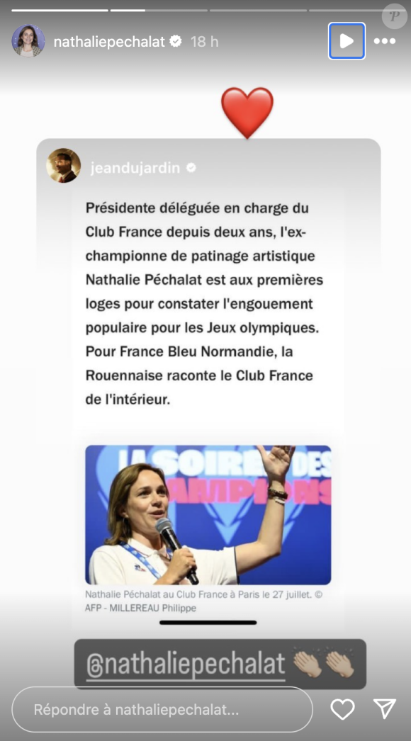 Fier de son épouse, Jean Dujardin a partagé une capture d'écran de l'article de nos confrères avec des émojis applaudissements. 
Jean Dujardin très fier de Nathalie Péchalat.