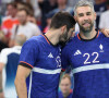 "C'est cruel par le déroulé du match, on l'avait en main. On doit le gagner", a-t-il confié après la défaite de son équipe. 
Nikola Karabatic et Luka Karabatic lors du match de handball qui a opposé la France à l'Allemagne lors des quarts de final durant les Jeux Olympiques 2024 au Stade Pierre Mauroy, le 7 août 2024. © Laurent Sanson/Panoramic/Bestimage