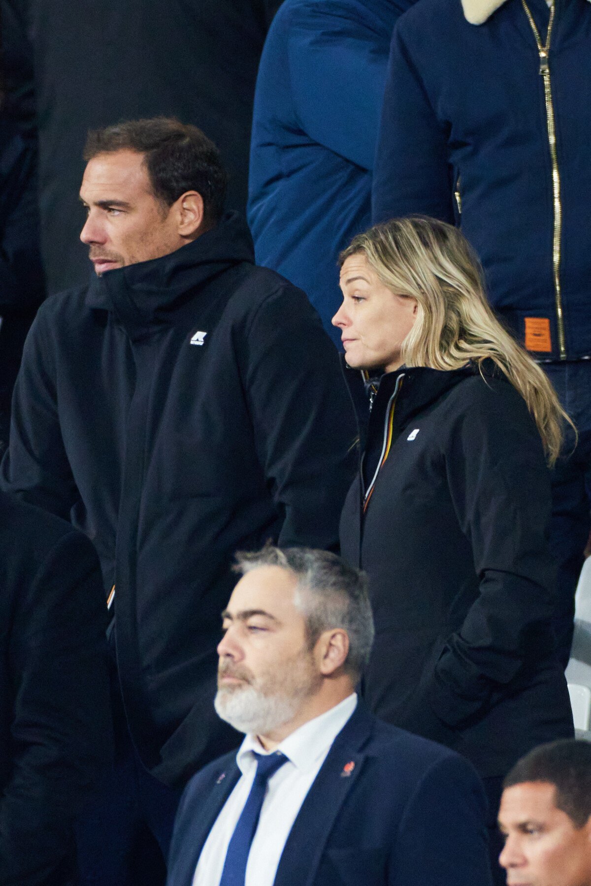 Photo : Laure Boulleau enceinte et Bruno Cheyrou - People des les tribunes  de la coupe du Monde de Rugby France 2023 - Match de quart de finale  France-Afrique du Sud (28-29)