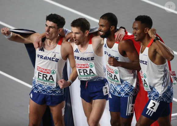 Gilles Biron , Téo Andant , Victor Coroller et Muhammad Abdallah Kounta - Championnats d'Europe d'athlétisme en salle 2023 à Istanbul, Turquie le 2 mars 2023.