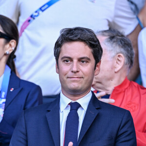 Gabriel Attal, Premier ministre en tribunes pendant l'épreuve finale de football opposant la France à l'Espagne lors des Jeux Olympiques de Paris 2024 (JO) au Parc des Princes, à Paris, France, le 9 août 2024. © Jacovides-Perusseau/Bestimage 