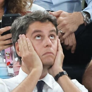 Gabriel Attal - Les célébrités en tribunes pendant l'épreuve de basketball de Demi-Finale opposant la France à l'Allemagne lors des Jeux Olympiques de Paris 2024 (JO) à l'Arena Bercy, à Paris, France, le 8 août 2024. © Jacovides-Perusseau/Bestimage