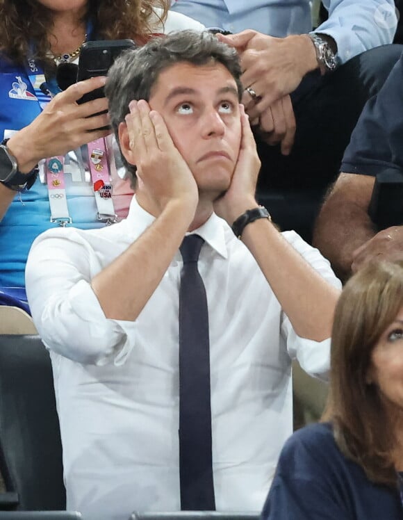 Gabriel Attal - Les célébrités en tribunes pendant l'épreuve de basketball de Demi-Finale opposant la France à l'Allemagne lors des Jeux Olympiques de Paris 2024 (JO) à l'Arena Bercy, à Paris, France, le 8 août 2024. © Jacovides-Perusseau/Bestimage