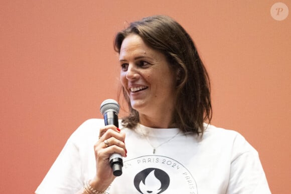 Parrains des Relais de la Flamme Olympique Laure Manaudou - Dévoilement du parcours du relais de la flamme des Jeux Olympiques de Paris 2024 dans la grand amphitheatre de la Sorbonne à Paris le 23 juin 2023.