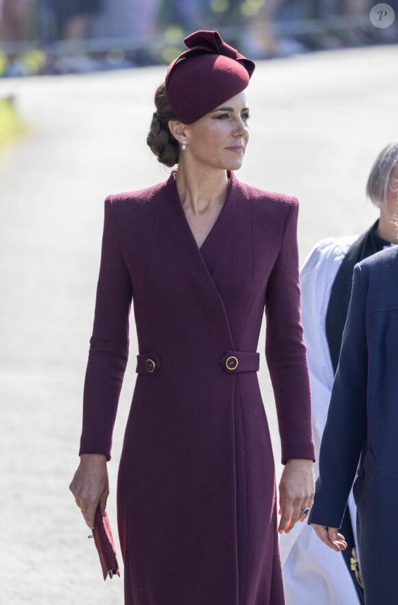 Le prince William, prince de Galles, et Catherine (Kate) Middleton, princesse de Galles assistent à un service religieux marquant le premier anniversaire de la mort de la reine Elizabeth II à la cathédrale St Davids à Haverfordwest dans le Pembrokeshire, pays de Galles, Royaume Uni, le 8 septembre 2023.