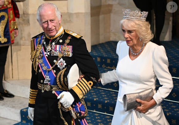 Le roi Charles III d'Angleterre et la reine consort Camilla Parker Bowles lors de l'ouverture officielle du parlement britannique au palais de Westminster à Londres. Le 17 juillet 2024 © Eddie Mulholland / WPA Pool / Bestimage