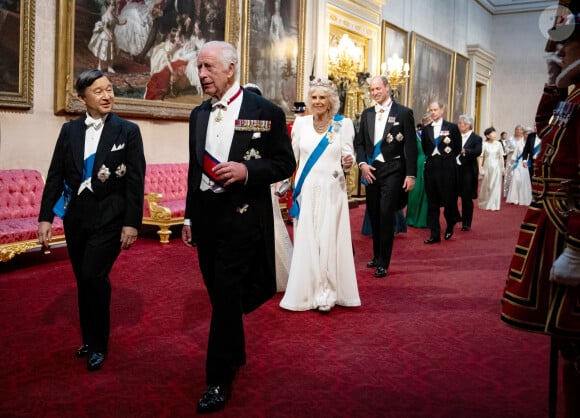 L'empereur du Japon Naruhito, le roi Charles III d'Angleterre, la reine consort Camilla, le prince William, prince de Galles arrivant au banquet d'État de l'empereur Naruhito et de son épouse l'impératrice Masako du Japon au palais de Buckingham, à Londres le 25 juin 2024. © Alpha Press / Bestimage