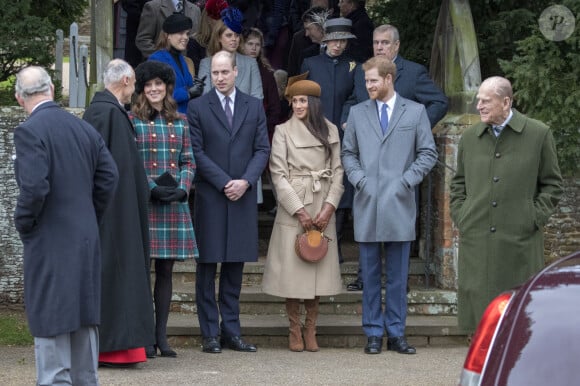 Kate Catherine Middleton, enceinte et le prince William, duc de Cambridge avec le prince Harry et sa fiancée Meghan Markle, le prince Philip Duc d'Édimbourg - La famille royale d'Angleterre arrive à l'église St Mary Magdalene pour la messe de Noël à Sandringham le 25 décembre 2017 