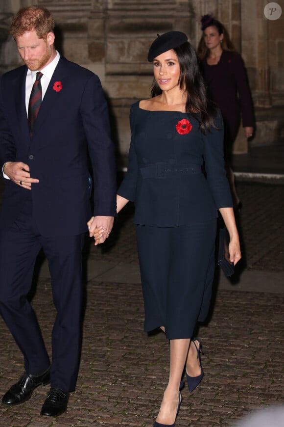 Le prince Harry, duc de Sussex, et Meghan Markle (enceinte), duchesse de Sussex - La famille royale d'Angleterre à son arrivée à l'abbaye de Westminster pour un service commémoratif pour le centenaire de la fin de la Première Guerre Mondiale à Londres. Le 11 novembre 2018 