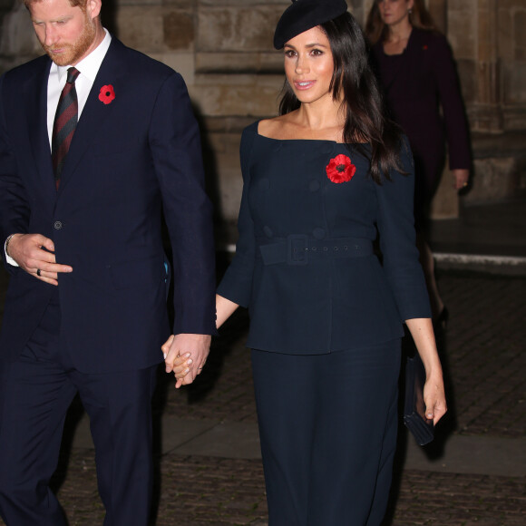 Le prince Harry, duc de Sussex, et Meghan Markle (enceinte), duchesse de Sussex - La famille royale d'Angleterre à son arrivée à l'abbaye de Westminster pour un service commémoratif pour le centenaire de la fin de la Première Guerre Mondiale à Londres. Le 11 novembre 2018 