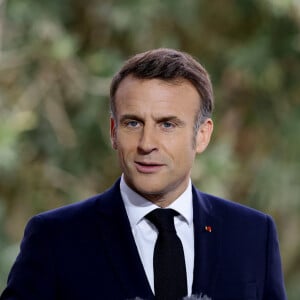 Emmanuel Macron - Réception offerte par le Président de la République française à la communauté française du Maroc dans les jardins de la résidence de France à Rabat, Maroc, le 30 octobre 2024. © Dominique Jacovides/bestimage