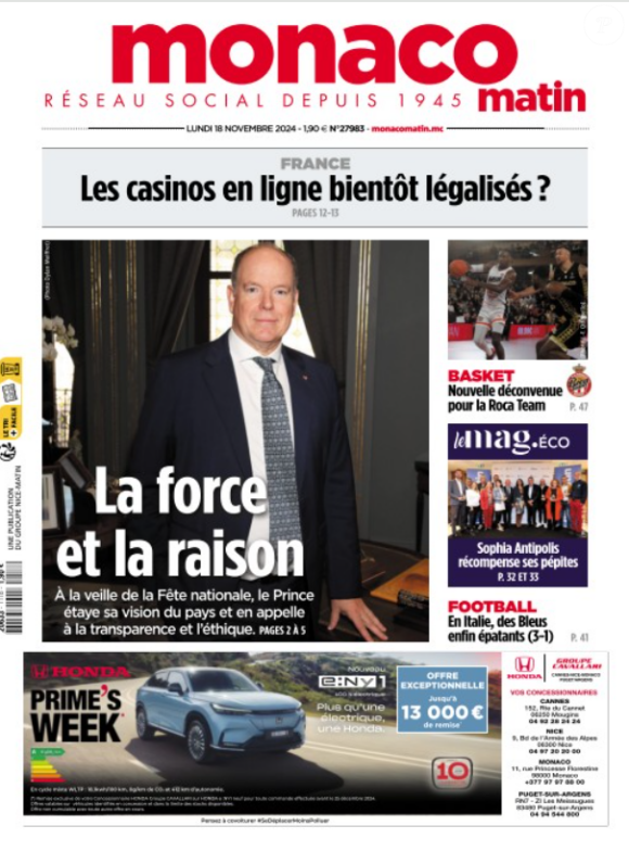 Une de "Monaco Matin" du lundi 18 novembre 2024