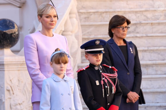 la princesse Charlene de Monaco, le prince héritier Jacques, la princesse Gabriella, la princesse Stéphanie dans la cour du palais princier le jour de la fête nationale de Monaco le 19 novembre 2024. © Jean-Charles Vinaj / Pool Monaco / Bestimage 