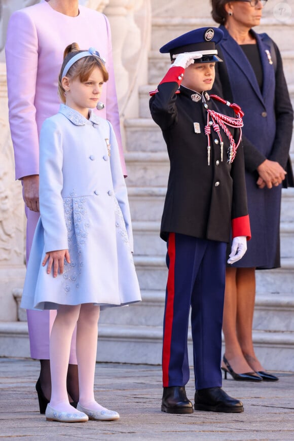 la princesse Charlene de Monaco, le prince héritier Jacques, la princesse Gabriella, la princesse Stéphanie de Monaco dans la cour du palais princier le jour de la fête nationale de Monaco le 19 novembre 2024. © Jean-Charles Vinaj / Pool Monaco / Bestimage 