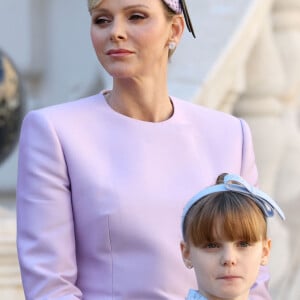 La princesse Charlene de Monaco, la princesse Gabriella dans la cour du palais princier le jour de la fête nationale de Monaco le 19 novembre 2024. © Jean-Charles Vinaj / Pool Monaco / Bestimage 