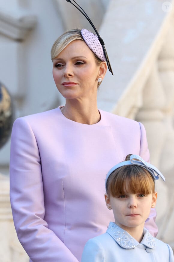 La princesse Charlene de Monaco, la princesse Gabriella dans la cour du palais princier le jour de la fête nationale de Monaco le 19 novembre 2024. © Jean-Charles Vinaj / Pool Monaco / Bestimage 