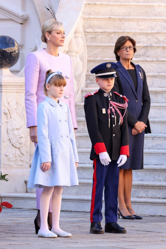 la princesse Charlene de Monaco, le prince héritier Jacques, la princesse Gabriella, la princesse Stéphanie de Monaco dans la cour du palais princier le jour de la fête nationale de Monaco le 19 novembre 2024. © Jean-Charles Vinaj / Pool Monaco / Bestimage 