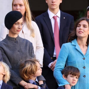 Pierre Casiraghi, Beatrice Borromeo, Stefano et Francesco, Charlotte Casiraghi, Balthazar Rassam, Raphaël Elmaleh dans la cour du palais princier le jour de la fête nationale de Monaco le 19 novembre 2024. © Jean-Charles Vinaj / Pool Monaco / Bestimage 