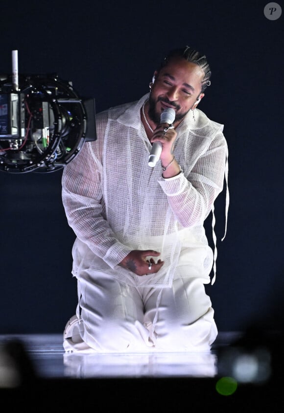 Slimane avec sa chanson "Mon Amour" lors de la première répétition générale avant la finale de la 68ème édition du Concours Eurovision de la chanson (ESC) à la Malmö Arena, en Suède, le 10 mai 2024. © Jessica Gow /TTNews/Bestimage