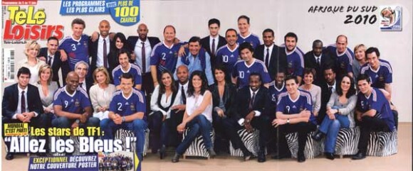 Télé-Loisirs propose une photo exclusive dans son édition du 31 mai, illustrant l'Equipe de France, le sélectionneur et les figures emblématiques de TF1. 