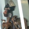 Courtney Love arrive avec ses chiens à Miami Beach et tente de se cacher derrière son ordinateur portable en juillet 2010