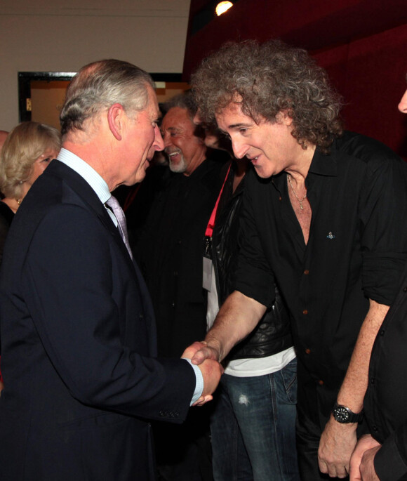 Le prince Charles rencontre Brian May lors du gala du prince Trust Rock au Royal Albert Hall à Londres le 17 novembre 2010
