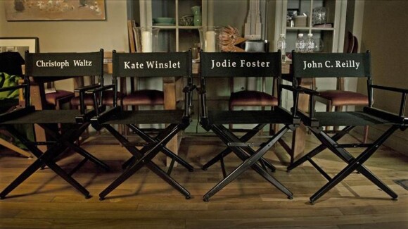 Les quatre chaises des stars du casting sur le tournage du Dieu du Carnage, dans les studios de Bry-sur-Marne, en région parisienne, en mars 2011.