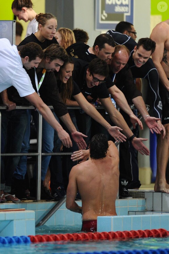 Laure Manaudou assistait le 24 mars 2011 au triomphe de son chéri Frédérick Bousquet sur 50 m nage libre, lors des championnats de France à Strasbourg.