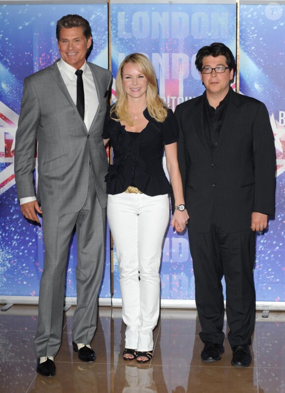 David Hasselhoff et ses acolytes Amanda Holden et Michael McIntyre, présentent la saison 2011 de Britain's Got Talent. 13 avril 2011