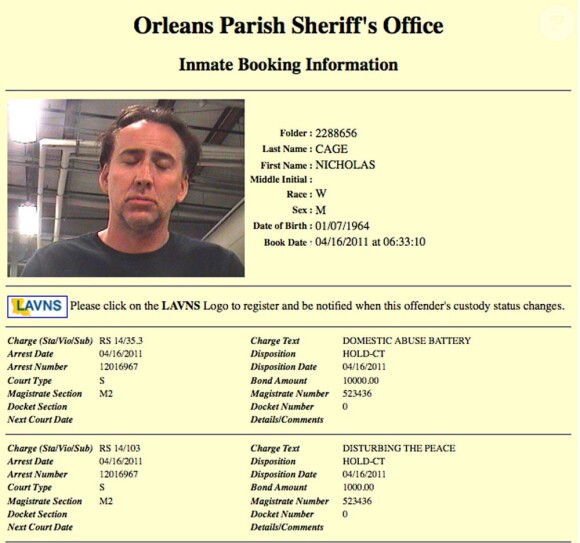 Le document relatant les faits de l'arrestation de Nicolas Cage