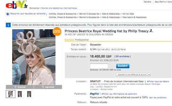 Le chapeau de la princesse Beatrice cartonne sur Ebay. Fin des enchères dimanche 22 mai 2011.