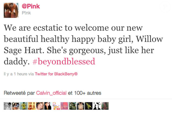 Twitt de Pink annonçant la naissance de sa fille Willow Sage