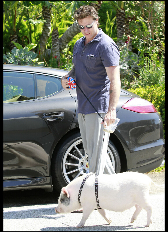 Dean McDermott promène Hank, le porcelet adopté par sa famille, lundi 30 mai 2011 à Los Angeles.