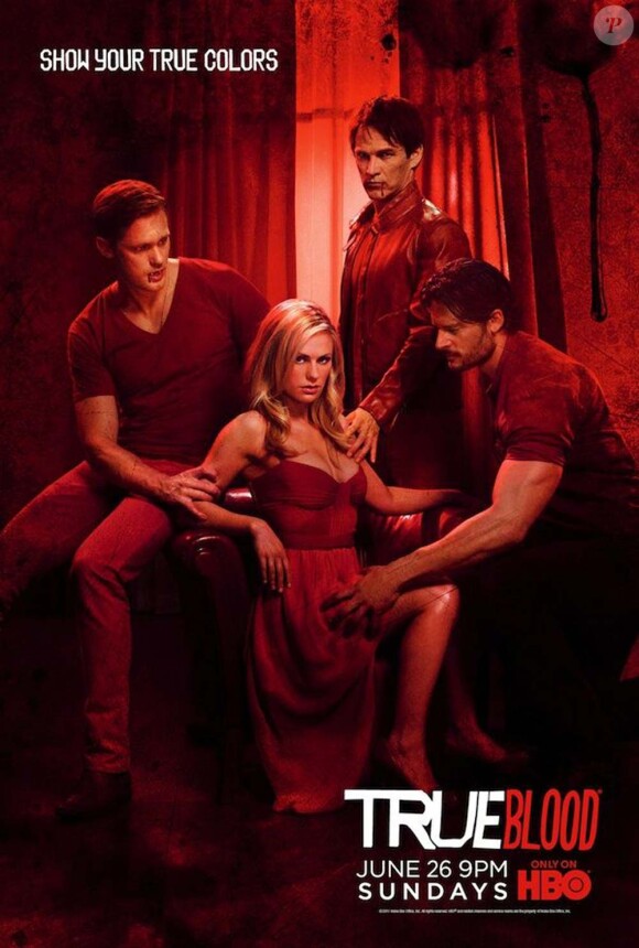 Alexander Skarsgård, Anna Paquin, Joe Manganiello et Stephen Moyer. Affiche promotionnelle de la saison 4 de True Blood, juin 2011.