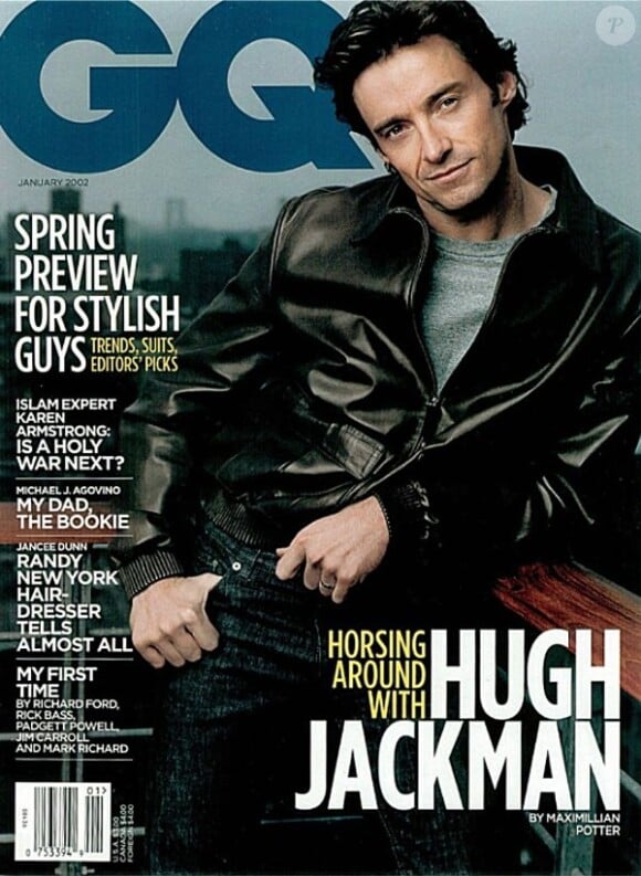 Hugh Jackman, ou la classe et l'élégance en personne, en Une du magazine GQ de janvier 2002.
