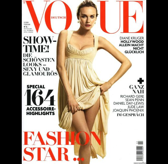 Diane Kruger exhibe ses jambes de top model en Une du Vogue Deutsch. Février 2008.