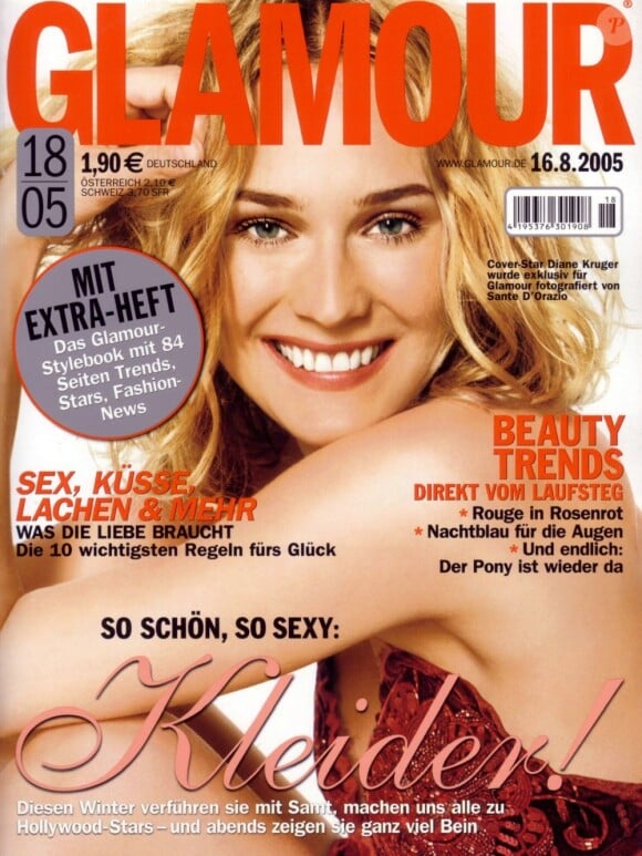La beauté allemande Diane Kruger, en Une du magazine Glamour du 16 août 2005.