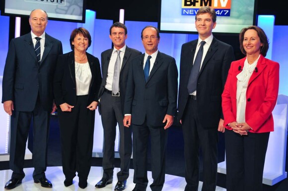 Michel Baylet, Martine Aubry, Manuel Valls, François Hollande, Arnaud Montebourg et Ségolène Royal, débat des primaires, le 5 octobre 2011.