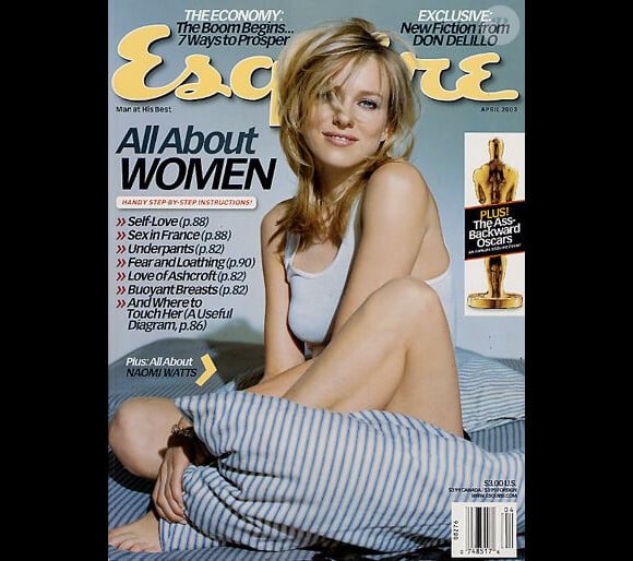 Naomi Watts, sexy au lever du lit pour faire la Une du magazine masculin Esquire. Avril 2003.
